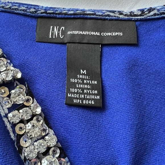 INC International Concepts Off Shoulder Blue Paisley Sheer Sleeve Top Size Med - Picture 6 of 6